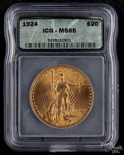 Gold Saint Gaudens twenty dollar coin, 1924, ICG MS-65.