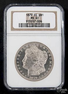 Silver Morgan dollar coin, 1879 CC, NGC MS-61.