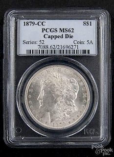 Silver Morgan dollar coin, 1879 CC, capped die, PCGS MS-62.
