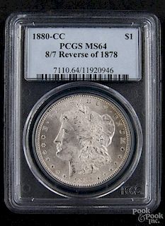 Silver Morgan dollar coin, 1880 CC, 8/7 reverse of 1878, PCGS MS-64.