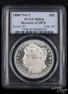 Silver Morgan dollar coin, 1880/79 CC, reverse of 1878, PCGS MS-64.