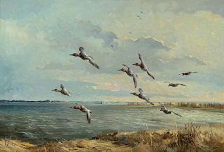 George Browne (1918-1958), Canvasbacks Swinging the Channel, Chesapeake Bay (1950)