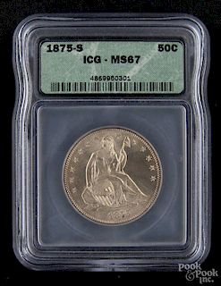 Silver Seated Liberty half dollar coin, 1875 S, ICG MS-67.