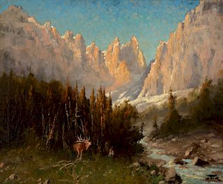 John Fery (1859-1934), Elk by a Canyon Stream