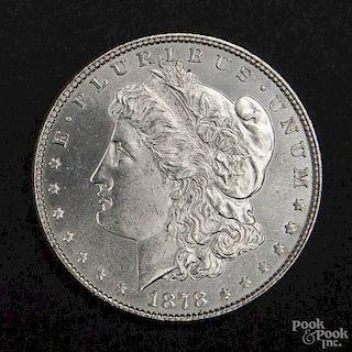 Silver Morgan dollar coin, 1878 8 TF, AU-BU.