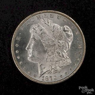 Silver Morgan dollar coin, 1879 S, MS-63 to MS-64.
