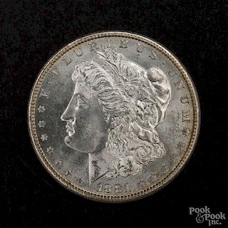 Silver Morgan dollar coin, 1881 S, MS-63.