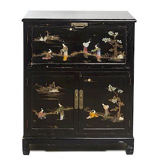 A Chinese Export Lacquered and Painted Bar Cabinet, Height 42 1/8 x width 34 x depth 17 3/4 inches.
