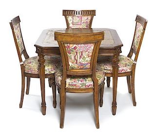 A Louis XVI Style Walnut Card Table and Four Chairs, Height 29 1/2 x width 34 1/2 x depth 34 1/2 inches.