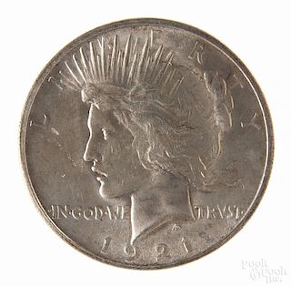 Silver Peace dollar coin, 1921, AU-BU.