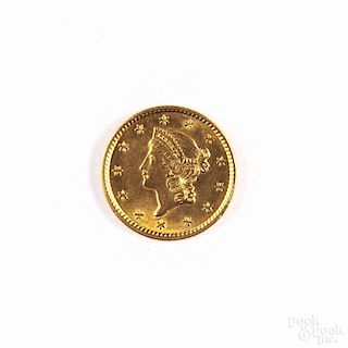 Gold Liberty Head one dollar coin, 1851, type 1, MS-60 to MS-62.
