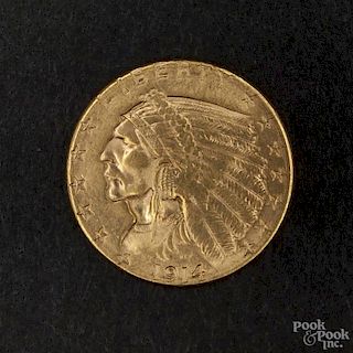 Gold Indian Head two and a half dollar coin, 1914 D, MS-62 to MS-63.