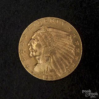 Gold Indian Head two and a half dollar coin, 1925 D, MS-60 to MS-62.