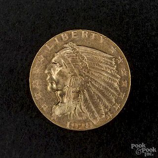Gold Indian Head two and a half dollar coin, 1928, MS-60 to MS-62.