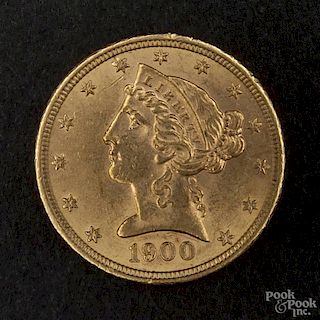 Gold Liberty Head five dollar coin, 1900, MS-60 to MS-62.