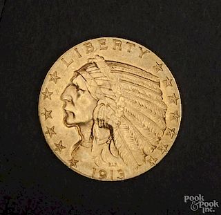 Gold Indian Head five dollar coin, 1913, MS-60 to MS-62.