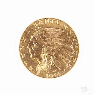 Gold Indian Head five dollar coin, 1914 D, MS-60 to MS-62.