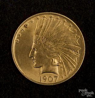 Gold Indian Head ten dollar coin, 1907, MS-60 to MS-62.