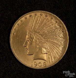 Gold Indian Head ten dollar coin, 1908, MS-60 to MS-62.