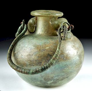 Roman Glass Aryballos w/ Bronze Handle