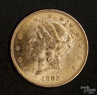 Gold Liberty Head twenty dollar coin, 1893 S, MS-60 to MS-62.
