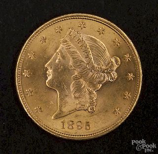 Gold Liberty Head twenty dollar coin, 1895 S, MS-60 to MS-62.