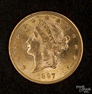 Gold Liberty Head twenty dollar coin, 1897 S, MS-60 to MS-62.