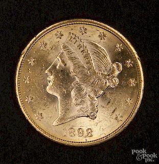 Gold Liberty Head twenty dollar coin, 1898 S, MS-60 to MS-62.