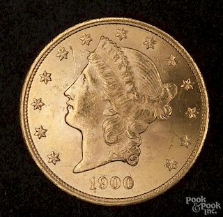 Gold Liberty Head twenty dollar coin, 1900, MS-62 to MS-63.
