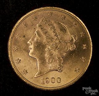 Gold Liberty Head twenty dollar coin, 1900 S, MS-60 to MS-62.