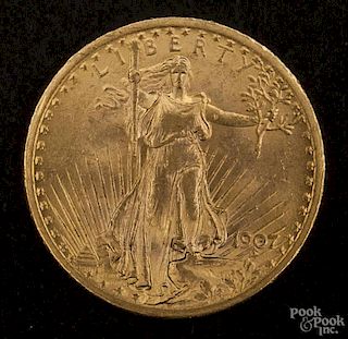 Gold Saint Gaudens twenty dollar coin, 1907, MS-60 to MS-62.