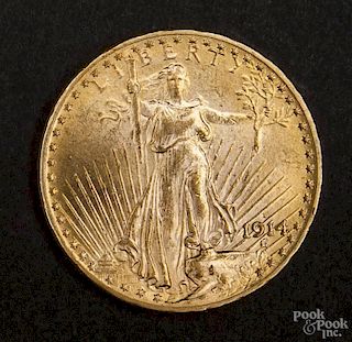 Gold Saint Gaudens twenty dollar coin, 1914 D, MS-62 to MS-63.