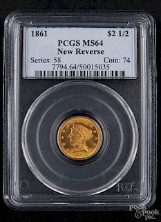 Gold Liberty Head two and a half dollar coin, 1861 (new reverse), PCGS MS-64.