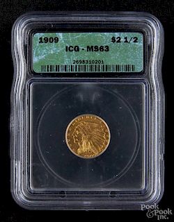 Gold Indian Head two and a half dollar coin, 1909, ICG MS-63.