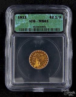 Gold Indian Head two and a half dollar coin, 1911, ICG MS-61.