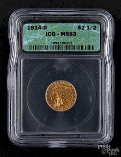 Gold Indian Head two and a half dollar coin, 1914 D, ICG MS-63.