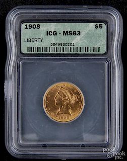 Gold Liberty Head five dollar coin, 1908, ICG MS-63.