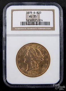 Gold Liberty Head twenty dollar coin, 1879 S, NGC AU-55.