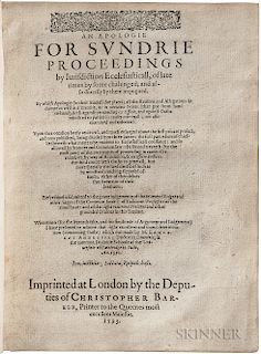Cosin, Richard (1549?-1597) An Apologie for Sundrie Proceedings by Iurisdiction Ecclesiasticall, of Late Times by Some chalenged, and a
