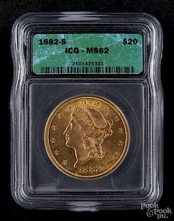 Gold Liberty Head twenty dollar coin, 1882 S, ICG MS-62.