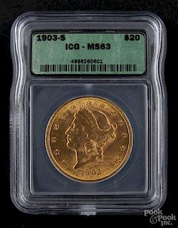 Gold Liberty Head twenty dollar coin, 1903 S, ICG MS-63.
