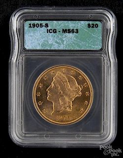 Gold Liberty Head twenty dollar coin, 1905 S, ICG MS-63.