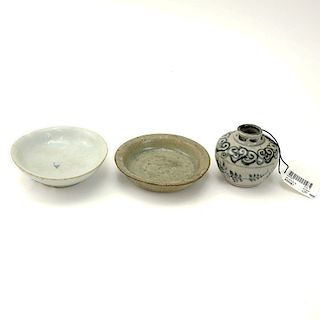 Two 16th - 19th Century Small Glazed Dishes And A Small Jar. Lot includes a 19th century white glaz