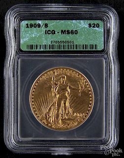 Gold Saint Gaudens twenty dollar coin, 1909/8 S, ICG MS-60.
