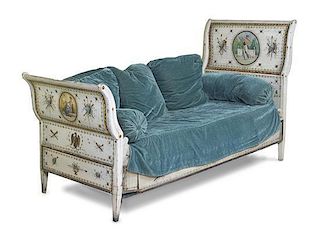 An Italian Neoclassical Painted Daybed, Width overall 87 1/2 inches.