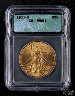 Gold Saint Gaudenstwenty dollar coin, 1911 D, ICG MS-65.