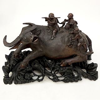 19/20th Century Chinese Carved Wood Water Buffalo  With Children On Floral Carved Base. Unsigned. S