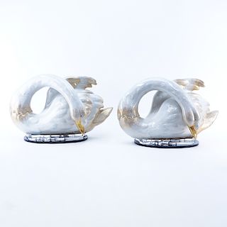 Pair of Mangani for Oggetti, Italian Gilt Porcelain Swan Figurines on Lucite Bases. Mangani sticker