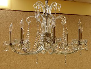 Early 20th Century Cut Crystal Glass Eight (8) Arm Chandelier with Teardrop Prisms. Possibly Waterf