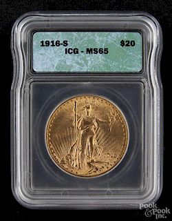 Gold Saint Gaudens twenty dollar coin, 1916 S, ICG MS-65.